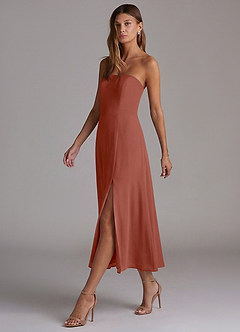 Azazie Wren 신부 들러리 드레스 A라인 스트랩리스 쉬폰 티 길이 드레스 image3