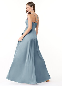Azazie Harpie Final Sale Dusty Blue A-Line Ruched Stretch Satin Dress image4