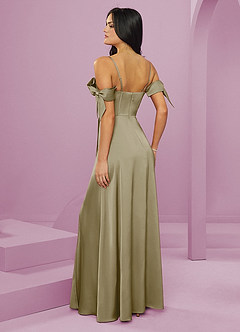 Barbie ♥ Azazie Bridesmaid Dresses Moss Green A-Line Off the Shoulder Stretch Satin Dress image2