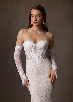Azazie Issa Wedding Dresses Diamond White Champagne Sheath Strapless Lace Dress image9