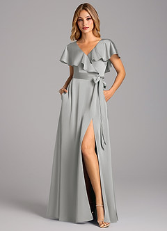 Azazie Lainey Bridesmaid Dresses Silver A-Line with Pockets Stretch Satin Dress image4