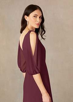 Azazie Bronwyn vestidos de madre de la novia Vestido de Cabernet de Gasa de Corte En A con Cuello de pico fruncido image5