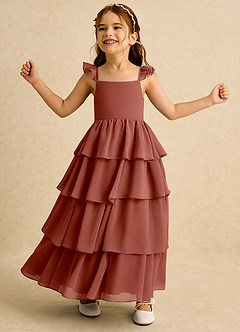 Azazie Boba vestidos de niña de las flores Vestido de Castaño de Gasa de Corte En A con Escote Cuadrado image3