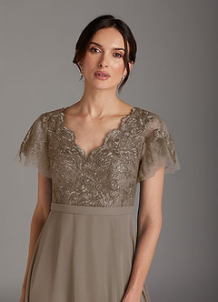 Azazie Singer Mother of the Bride Dresses Taupe A-Line V-Neck Lace Chiffon Dress image6