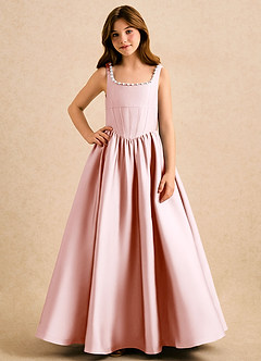 Azazie Enid Girls Formal Blomsterpigekjoler A-Line Perlebesat Stræk satin Gulv-længde Kjole image4