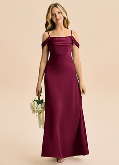 Azazie Lettie Junior Burgundy A-Line Off the Shoulder Stretch Satin Dress image2