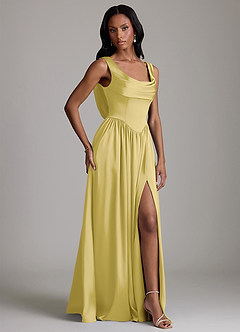 Azazie Novi Robes de demoiselle d'honneur Robe Trapèze en Satin extensible Avec poches Canari image5