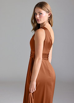 Azazie Dallas Robes de demoiselle d'honneur Robe Trapèze en Satin extensible Une épaule Cuivre image7