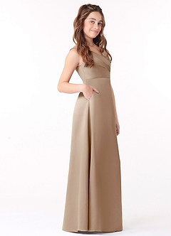 Azazie Sadia Junior Taupe A-Line Pleated Stretch Satin Dress image2