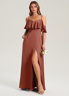 Azazie Jean Bridesmaid Dresses Auburn A-Line Off the Shoulder Stretch Satin Dress image3