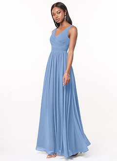 Azazie Keyla Bridesmaid Dresses Steel Blue A-Line V-Neck Pleated Chiffon Dress image2