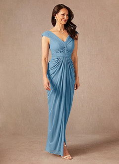 Azazie Lisolette Mother of the Bride Dresses Steel Blue Sheath Pleated Mesh Dress image5