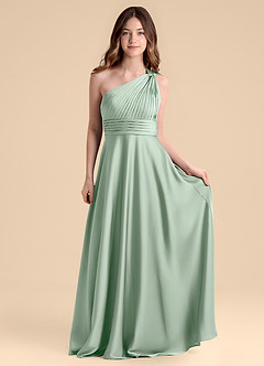 Azazie Charlize Junior Agave A-Line Pleated Stretch Satin Dress image4