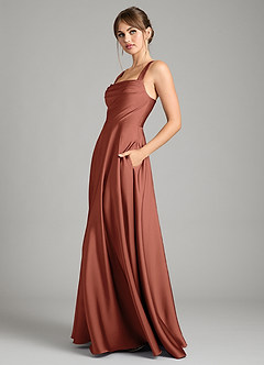 Azazie Shaude Bridesmaid Dresses Auburn A-Line Pleated Stretch Satin Dress image4