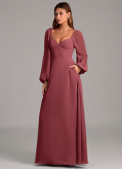 Azazie Annistyn Bridesmaid Dresses Merlot A-Line Long Sleeve Chiffon Dress image1