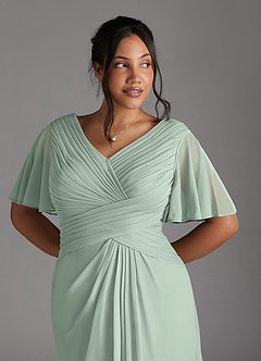 Azazie Emmeline Mother of the Bride Dresses Agave A-Line V-Neck Pleated Mesh Dress image4