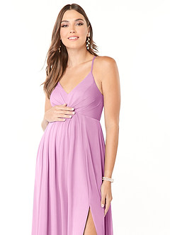 Azazie Annabelle Maternity Bridesmaid Dresses A-Line V-Neck Pleated Mesh Floor-Length Dress image6