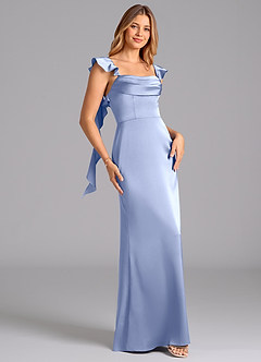 Azazie Adi Robes de demoiselle d'honneur Robe Trapèze en Satin extensible Plissée Eis image3