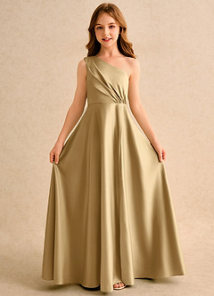 Azazie Puddles Girls Formal Blumenmädchenkleider A-Linie One-Shoulder Matte Satin Kleid Gold image5