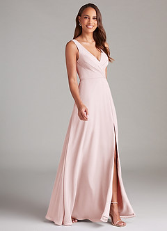 Azazie Nelly Robes de demoiselle d'honneur Robe Trapèze en Mousseline de soie Plissée Rose Pâle image3