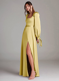 Azazie Leonia Bridesmaid Dresses Lemon Sorbet A-Line Long Sleeve Stretch Satin Dress image5