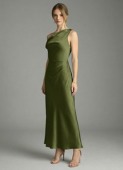 Azazie Emerson Bridesmaid Dresses Olive Mermaid Off the Shoulder Stretch Satin Dress image4