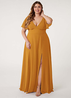 Azazie Kimber Bridesmaid Dresses Butterscotch A-Line Flounce Sleeve Chiffon Dress image9