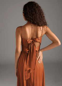 Azazie Zeya Bridesmaid Dresses Cinnamon A-Line Pleated Stretch Satin Dress image4