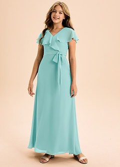 Azazie Lainey Junior Abito A-Line in Chiffon Con Tasche Acqua image4