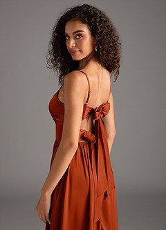 Azazie Zeya Bridesmaid Dresses Paprika A-Line Pleated Stretch Satin Dress image5