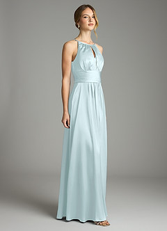 Azazie Bonnie Bridesmaid Dresses Sea Glass A-Line Pleated Stretch Satin Dress image4