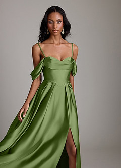 Azazie Loisa Abiti da Damigella Abito A-Line in Raso Elasticizzato a Spalla Scoperta Ginepro image3