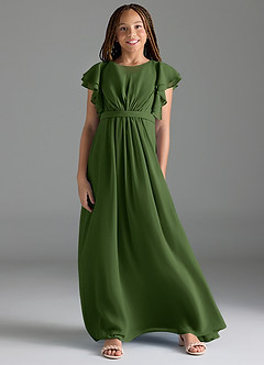 Azazie Daphne Junior Robe Trapèze en Mousseline de soie Plissée Olive image1