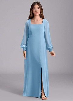 Azazie Bondi Junior Vestido de Azul Acero de Gasa de Corte en A con Blusón image7