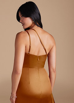 Azazie Latrice Bridesmaid Dresses Copper Sheath One Shoulder Metallic Satin Dress image4