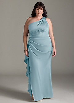 Azazie Latrice Bridesmaid Dresses Moody Blue Sheath One Shoulder Cascading Ruffles Stretch Satin Dress image6
