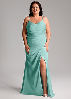 Azazie Deandra Bridesmaid Dresses Aqua Mermaid Pleated Stretch Satin Dress image9