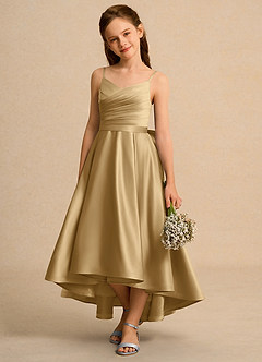 Azazie Sweets Girls Formal Flower Girl Dresses Gold A-Line Pleated Matte Satin Dress image3