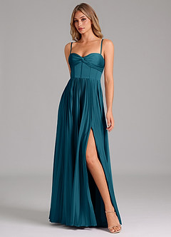 Azazie Akiko Robes de demoiselle d'honneur Robe Trapèze en Satin extensible Encolure en Forme de Cœur Bleu Encre image4