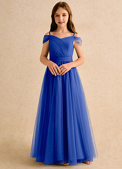 Azazie Yuna Girls Formal Abiti da Ragazza di Fiori Abito A-Line in Tulle Spalle Scoperte Blu Reale image4