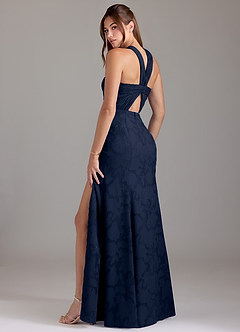 Azazie Rue Bridesmaid Dresses Dark Navy A-Line Pleated Floral Burnout Dress image2
