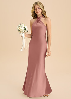 Azazie Chickie Junior Rosette Sheath Pleated Stretch Satin Dress image4