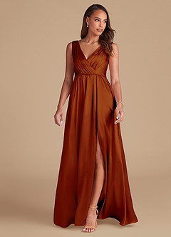 Azazie Tanicia Bridesmaid Dresses Auburn A-Line Pleated Metallic Satin Dress image3