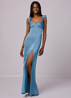 Barbie ♥ Azazie Final Sale Steel Blue Sheath Stretch Satin Dress image3