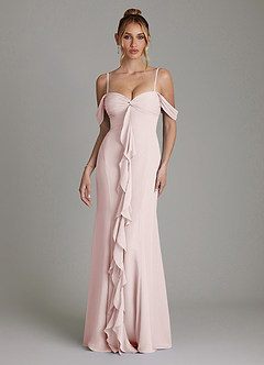 Azazie Karmela Bridesmaid Dresses Blushing Pink A-Line Off the Shoulder Chiffon Dress image4