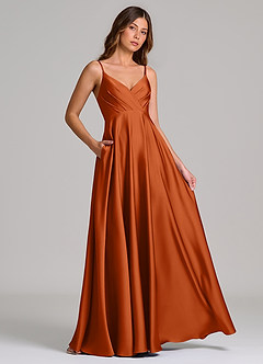 Azazie Amani Robes de demoiselle d'honneur Robe Trapèze en Satin extensible Plissée Orange Brûlée image4
