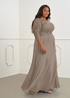 Azazie Hayek vestidos de madre de la novia Vestido de Gris Pardo de Gasa de Corte En A con Cuello en V de encaje image8