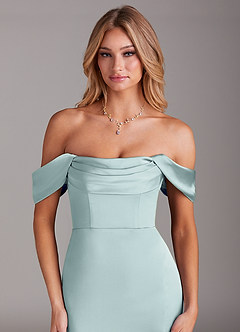 Azazie Saige Bridesmaid Dresses Mist Sheath Off the Shoulder Stretch Satin Dress image7