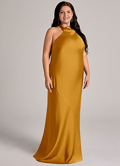 Azazie Velli Abiti da Damigella Abito Sirena in Raso Elasticizzato Collo Alto Caramello image11