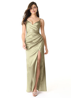 Azazie Sukia Bridesmaid Dresses Moss Green Mermaid Pleated Metallic Satin Dress image1